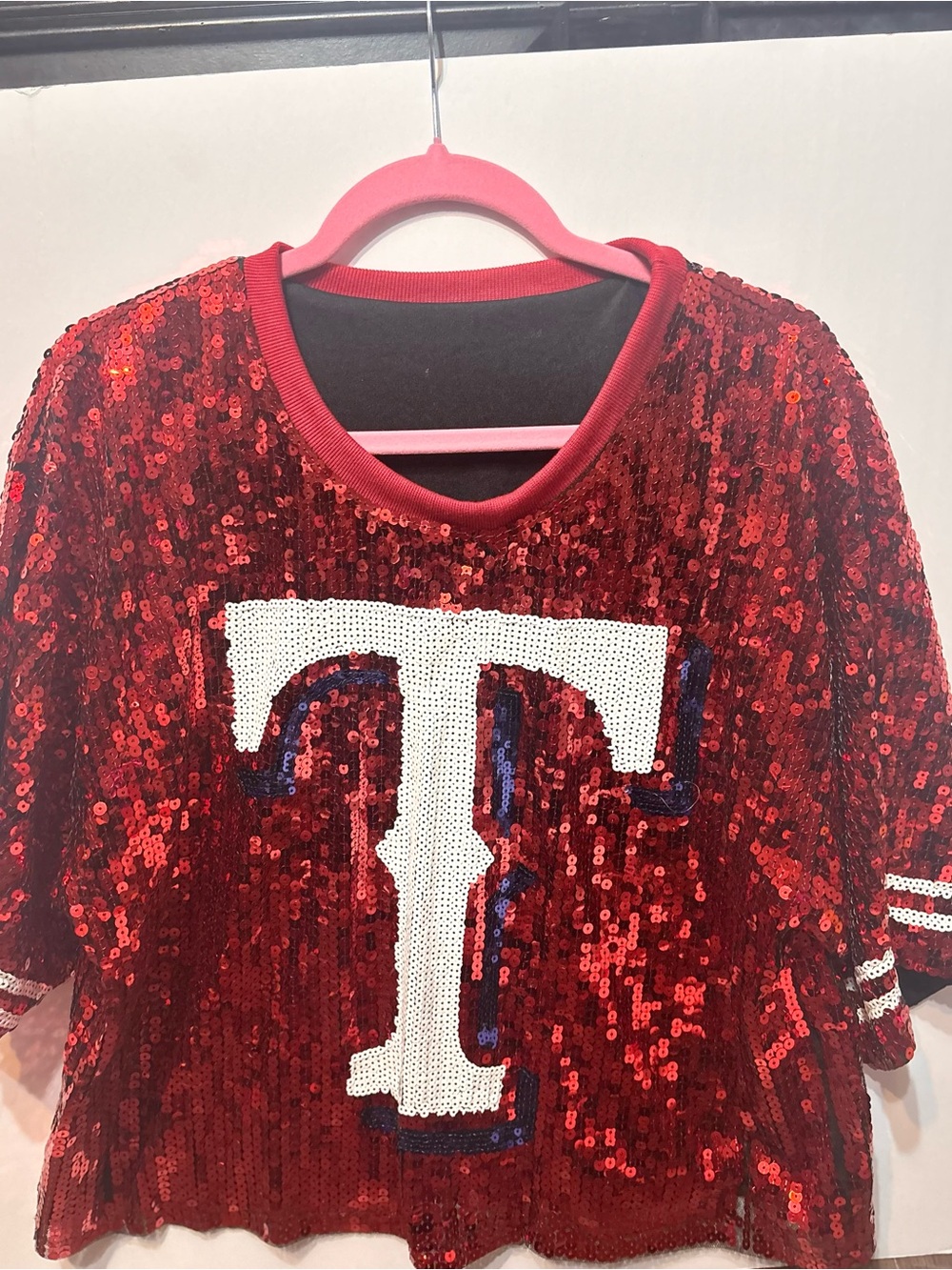 Red Sequin TEXAS Crop Top Short Sleeve Shirt – Western Rodeo Game Day – Snags